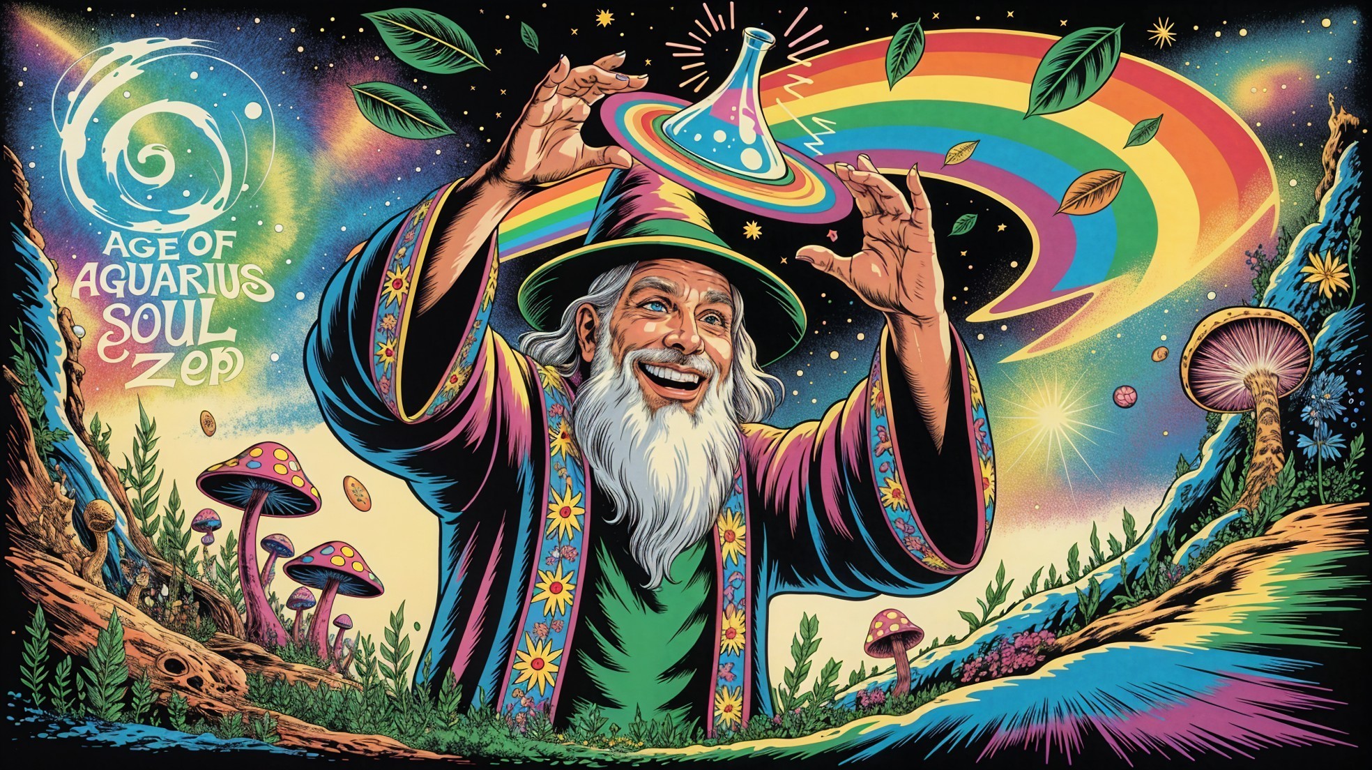 Joyful Wizard Conjuring Light in Magical Landscape