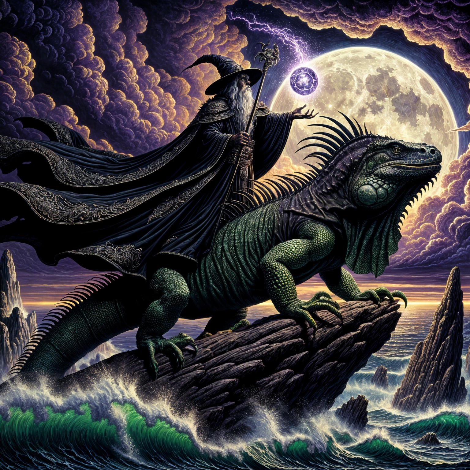 Majestic Wizard on Iguana Under Moonlit Sky