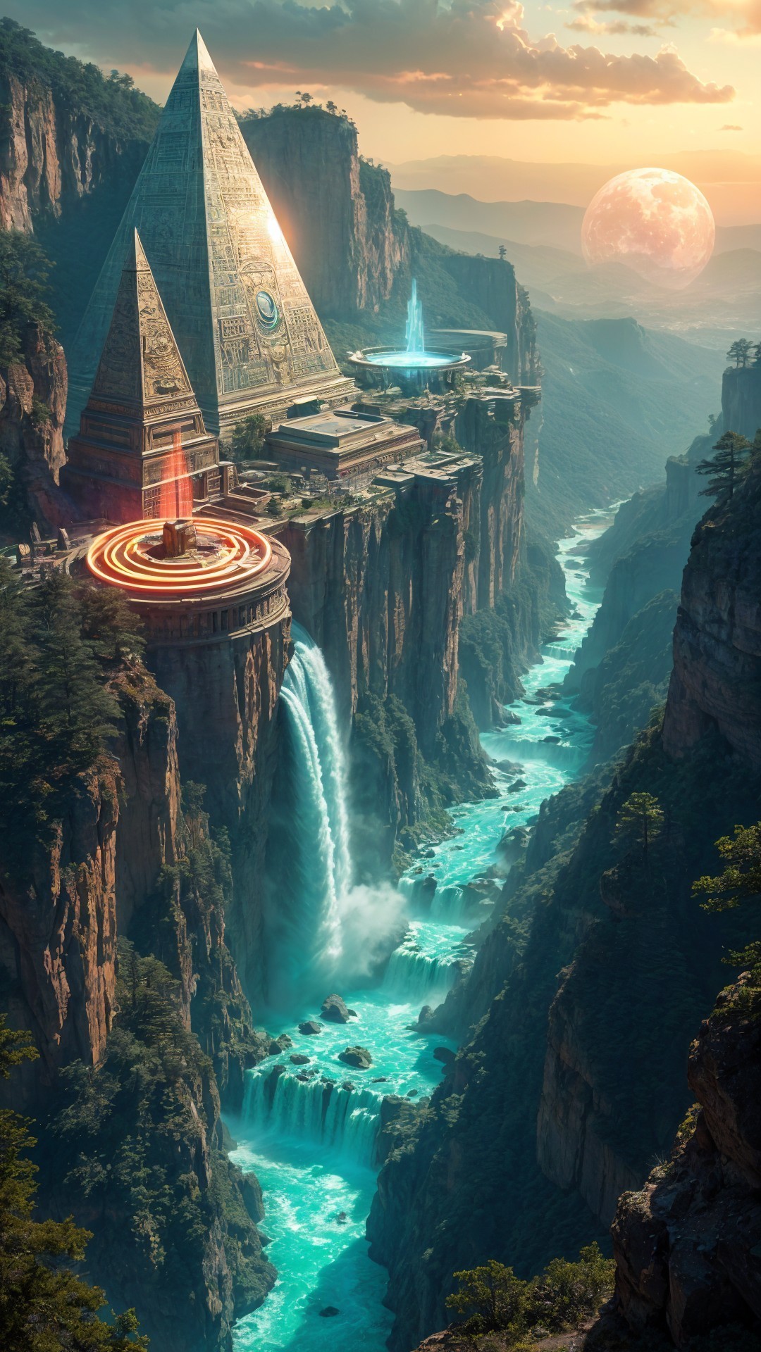 Futuristic landscape with pyramid and glowing rivers