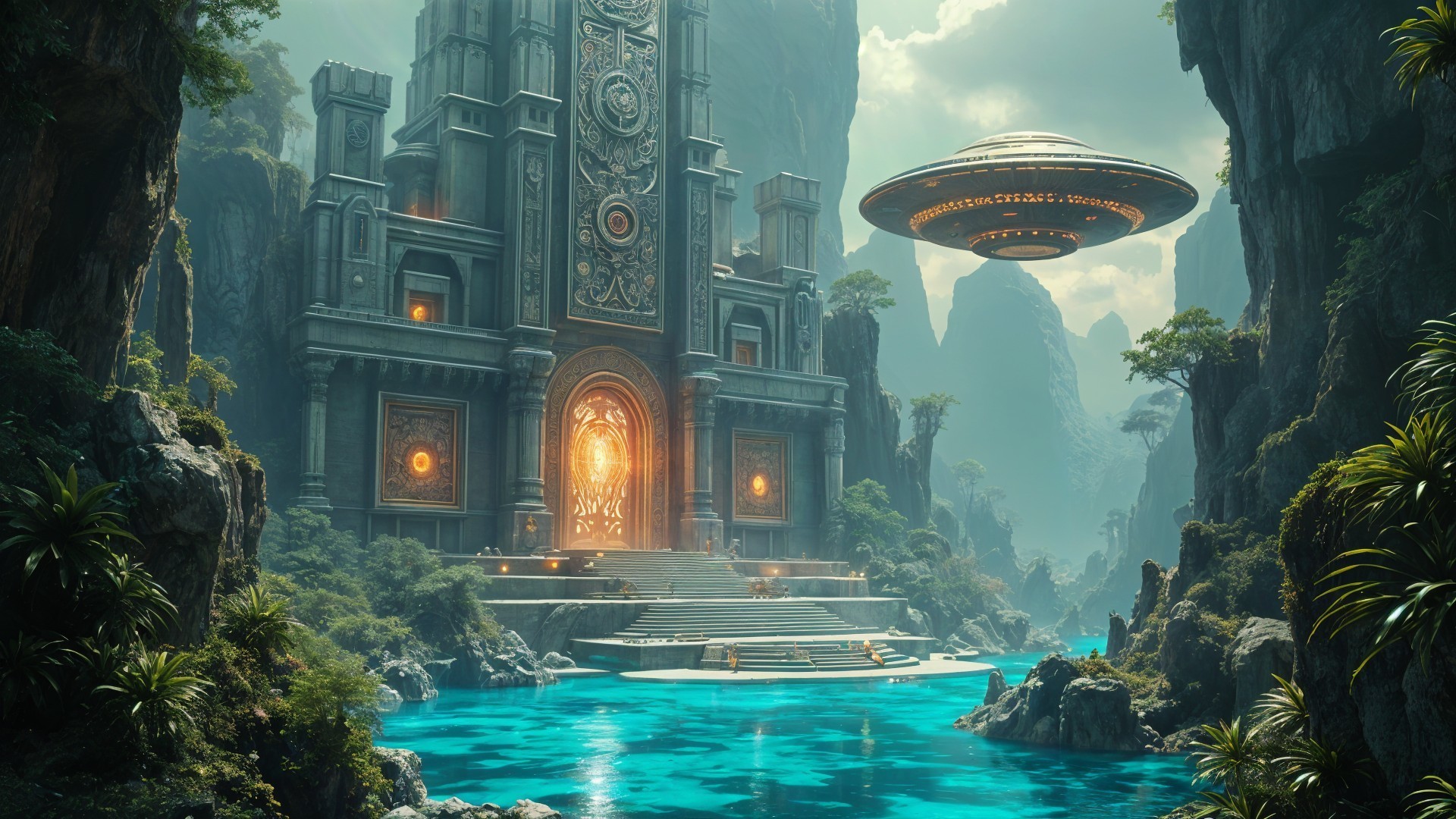 Ancient Temple Surrounded by Nature and Futuristic Ship