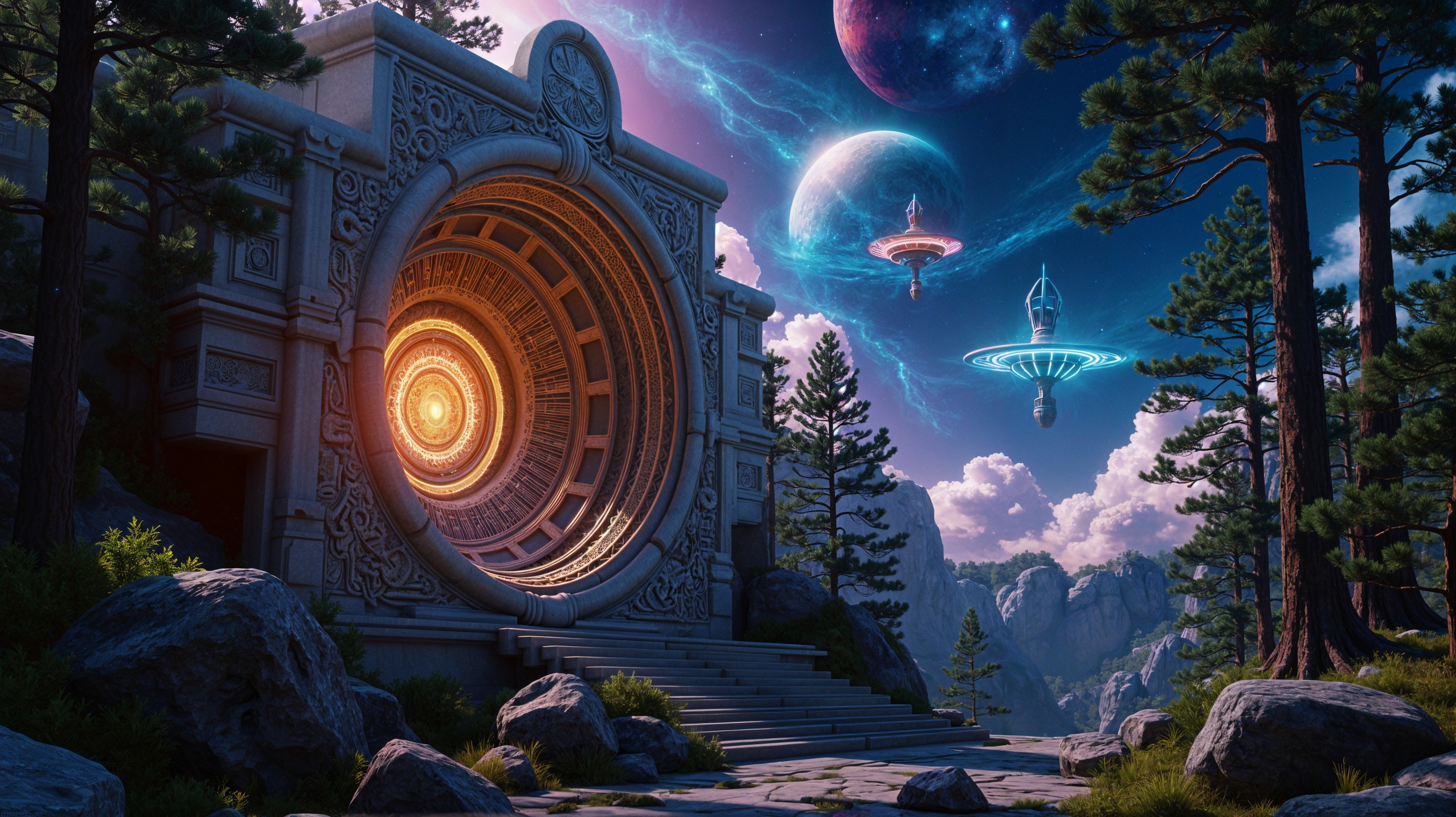 Majestic stone portal with cosmic backdrop and mountains
