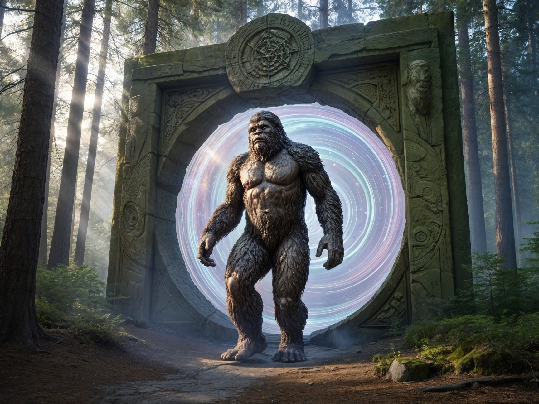 Furry Creature Enters Glowing Portal in Mystical Forest