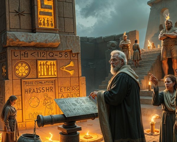 Ancient Temple Gathering Around Glowing Stone Tablet