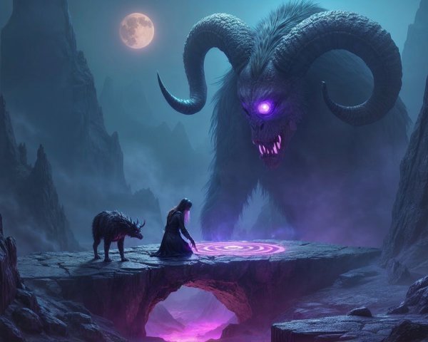 Mystical landscape with a menacing creature and wolf