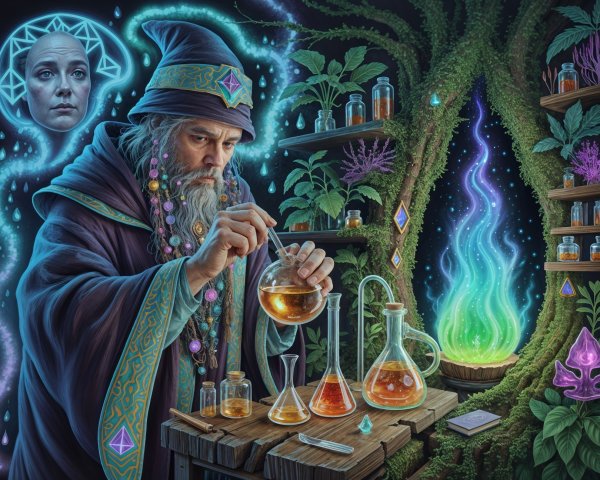 Wizard Brewing Potion in Enchanted Laboratory Setting
