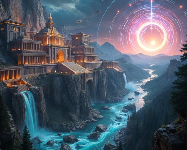 Ancient Palace Surrounded by Waterfalls and Mountains