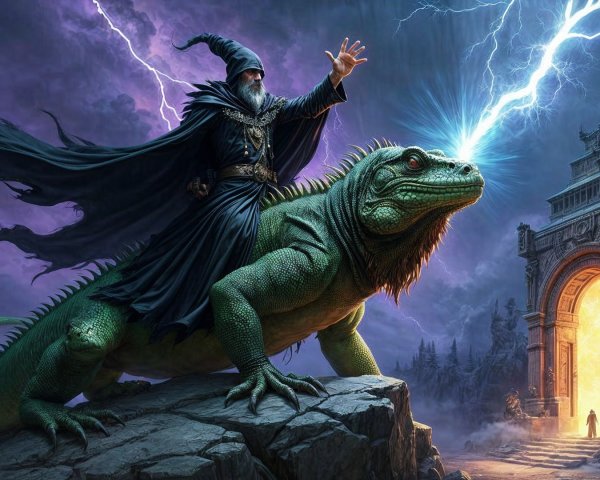 Cloaked wizard conjures lightning on vibrant lizard