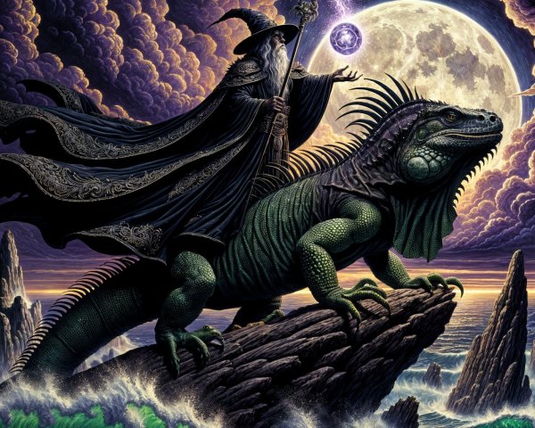 Majestic Wizard on Iguana Under Moonlit Sky