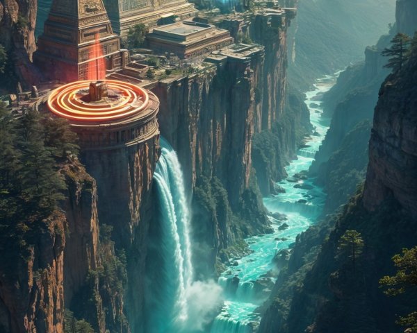 Futuristic landscape with pyramid and glowing rivers