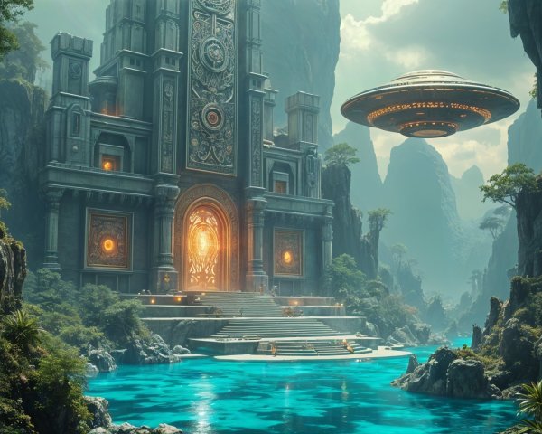Ancient Temple Surrounded by Nature and Futuristic Ship