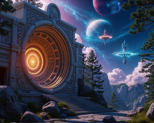 Majestic stone portal with cosmic backdrop and mountains