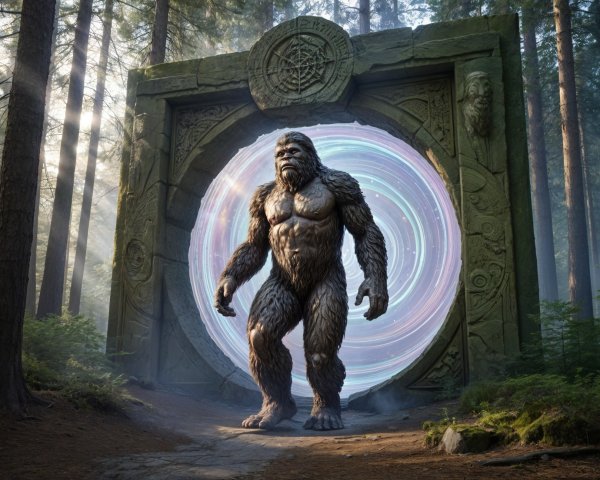 Furry Creature Enters Glowing Portal in Mystical Forest