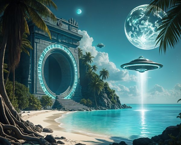 Ancient Stone Archway on a Serene Beach Landscape