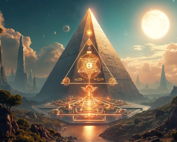 Majestic Pyramid Under Moonlight with Glowing Symbols