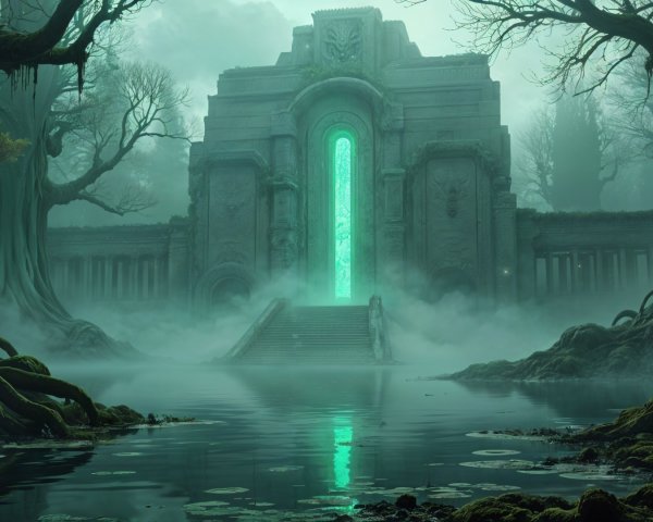 Ancient Structure with Green Portal in Misty Landscape