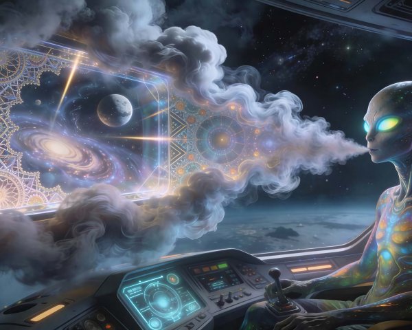 Alien in Colorful Suit Inside Spaceship Cockpit