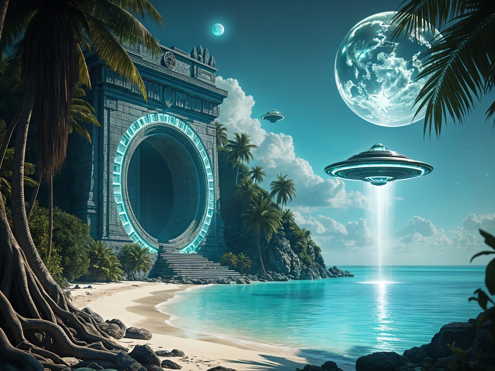 Ancient Stone Archway on a Serene Beach Landscape