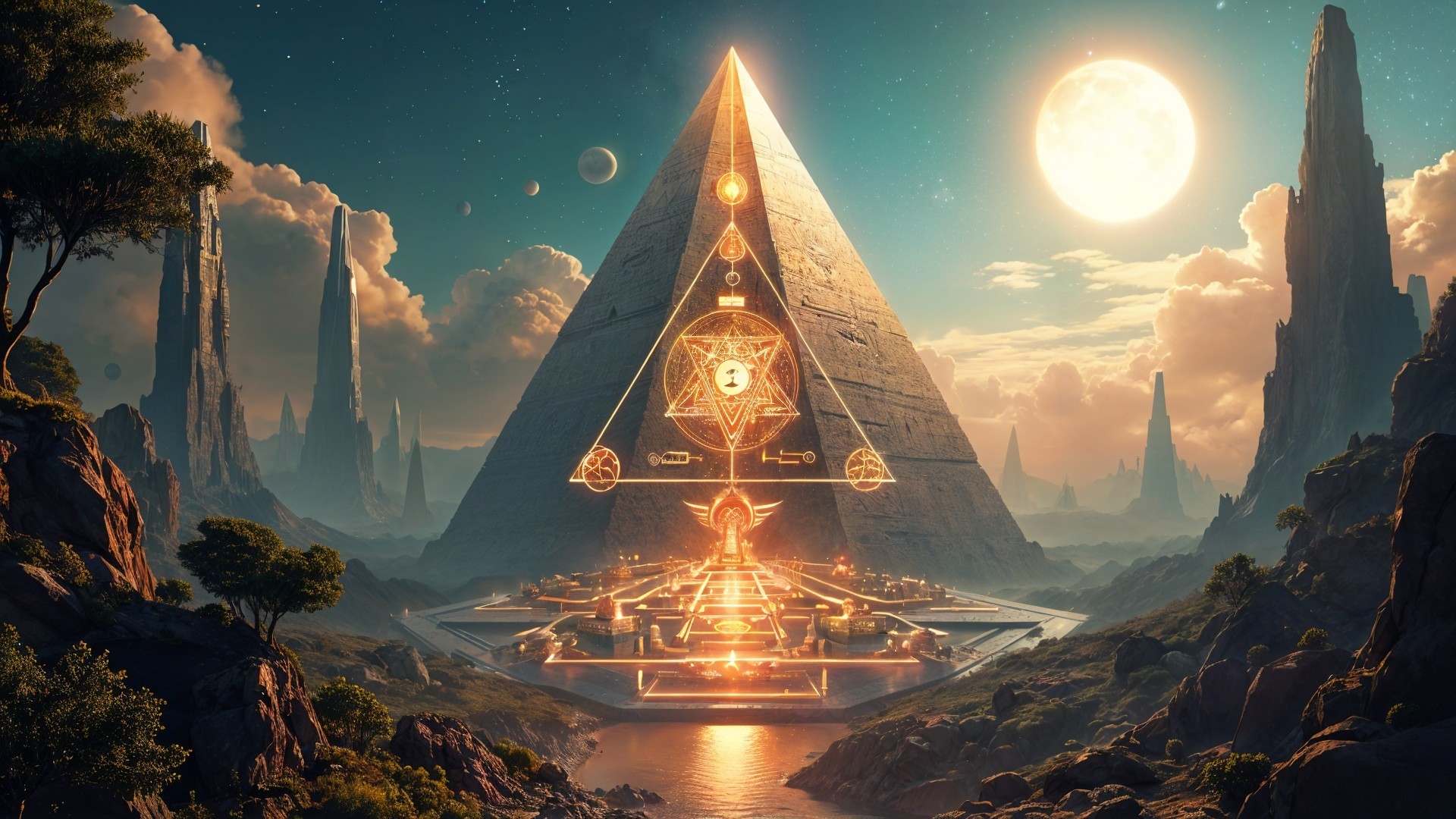Majestic Pyramid Under Moonlight with Glowing Symbols