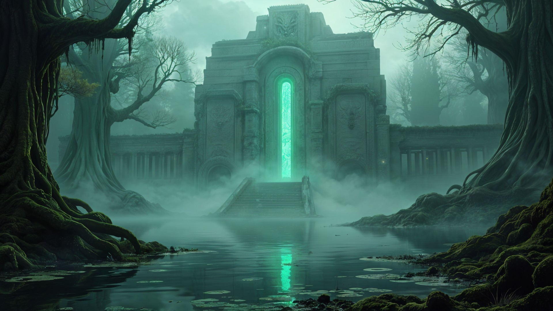 Ancient Structure with Green Portal in Misty Landscape