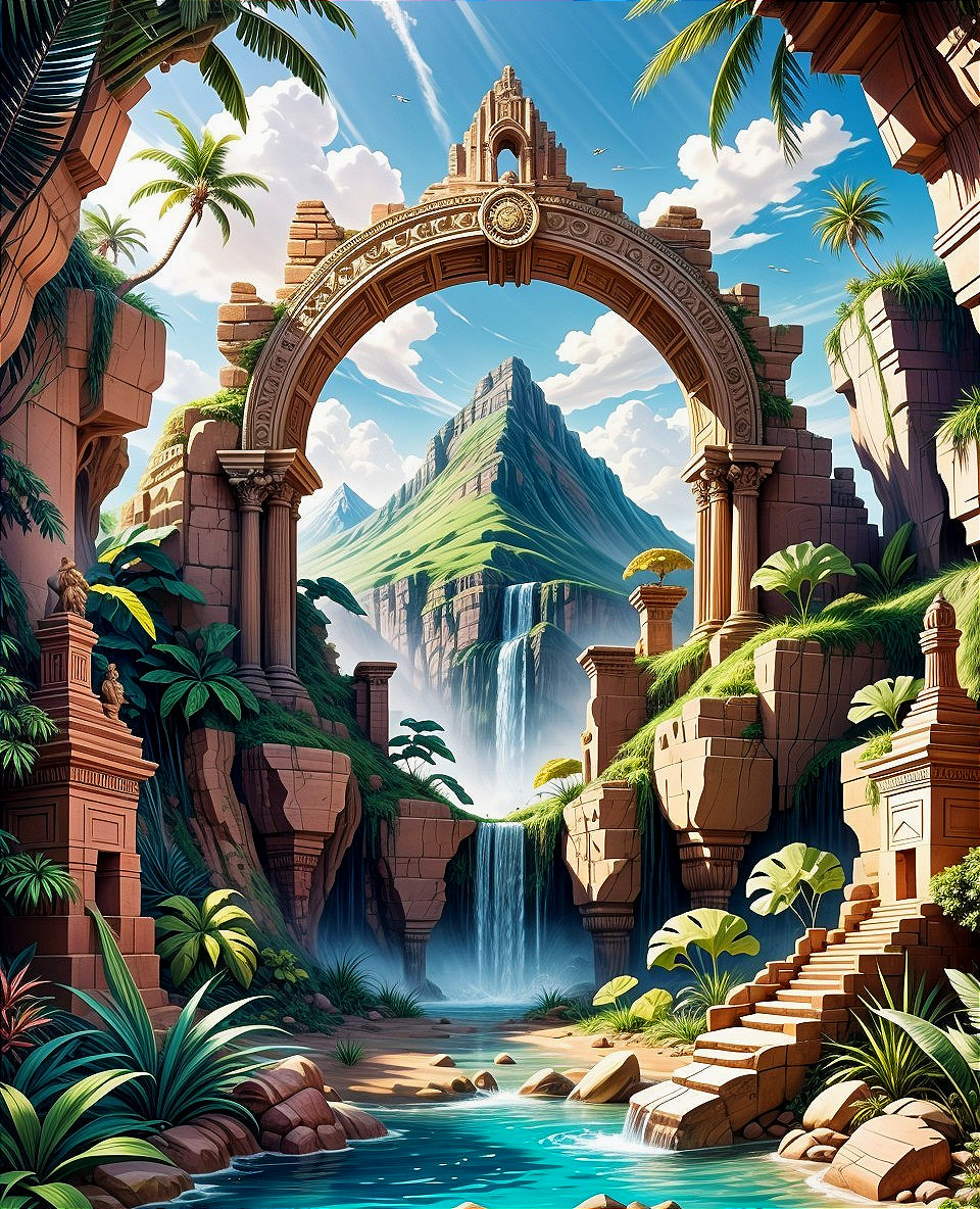 Ornate Archway in Lush Landscape with Waterfall