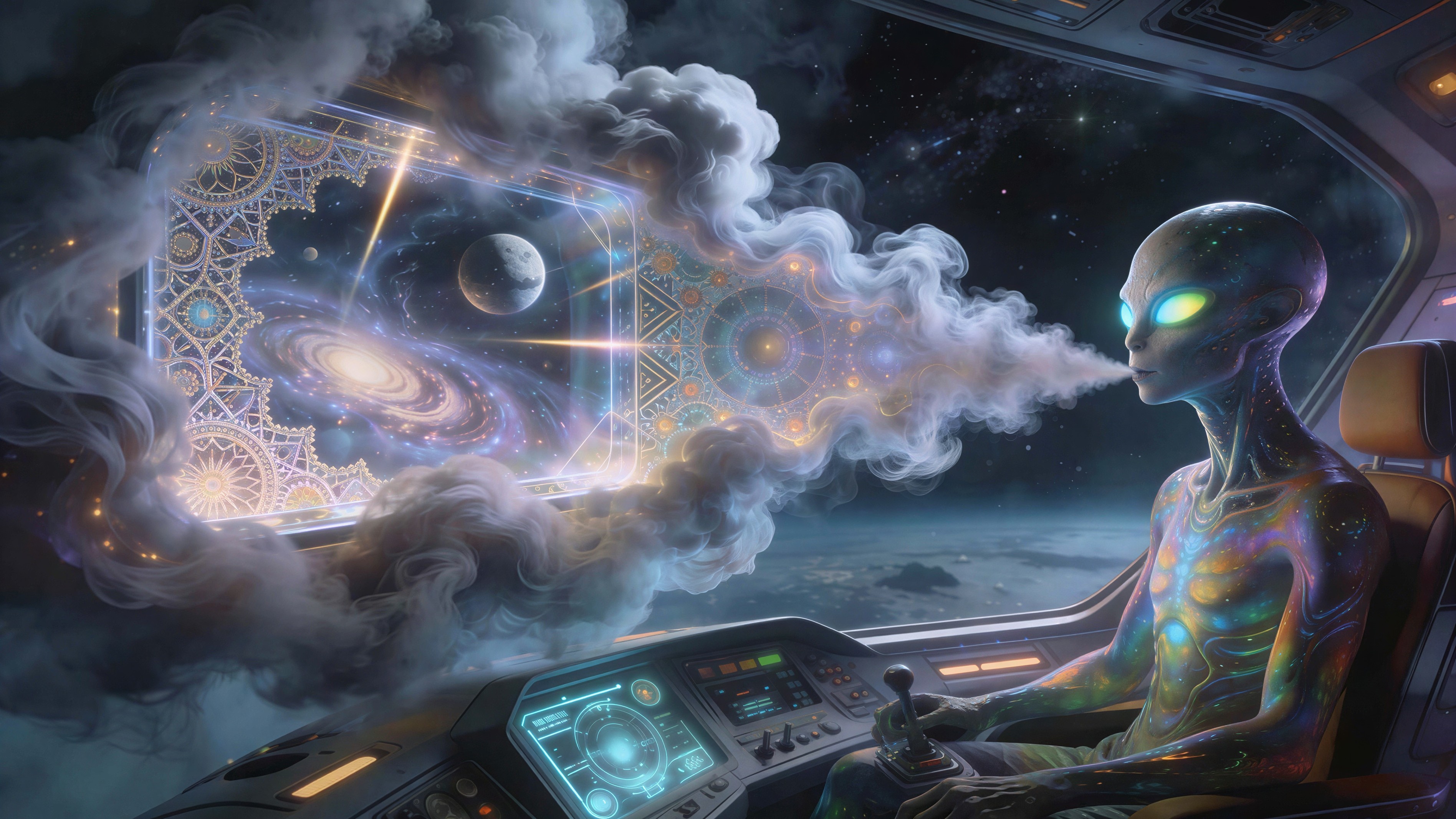 Alien in Colorful Suit Inside Spaceship Cockpit