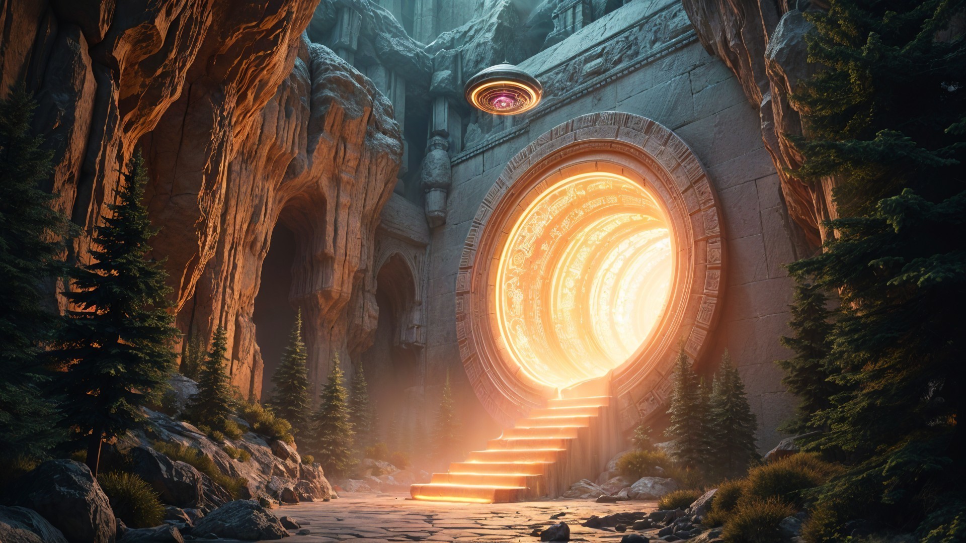 Mystical Portal at Ancient Cave Entrance with Stairs