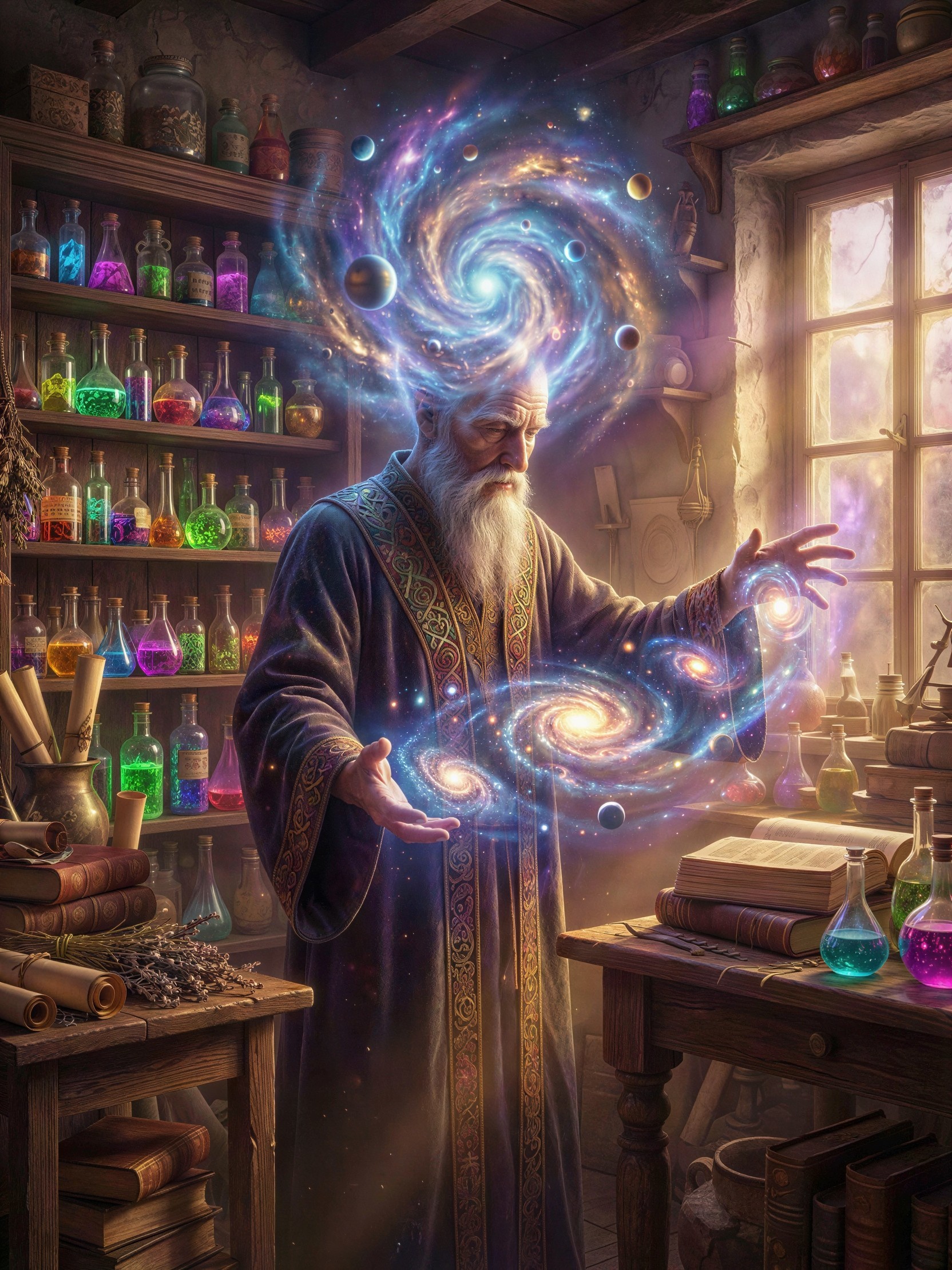 Full-body portrait of a wizard in a laboratory setting