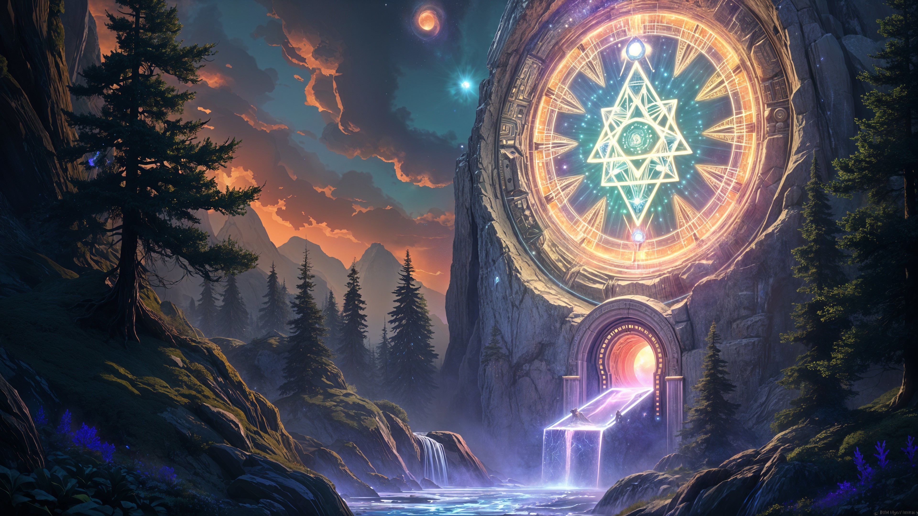 Mystical Landscape with Majestic Portal and Waterfall