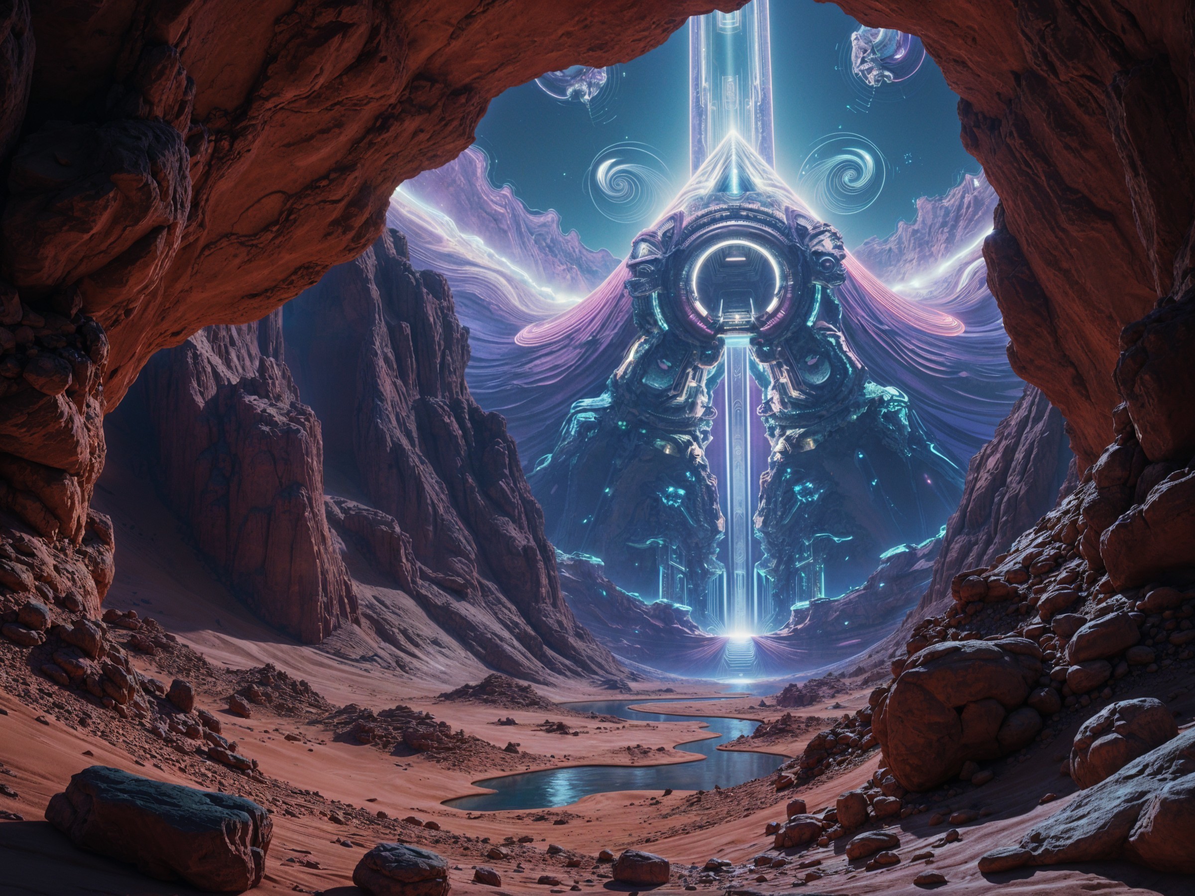 Futuristic structure in a neon-lit alien landscape