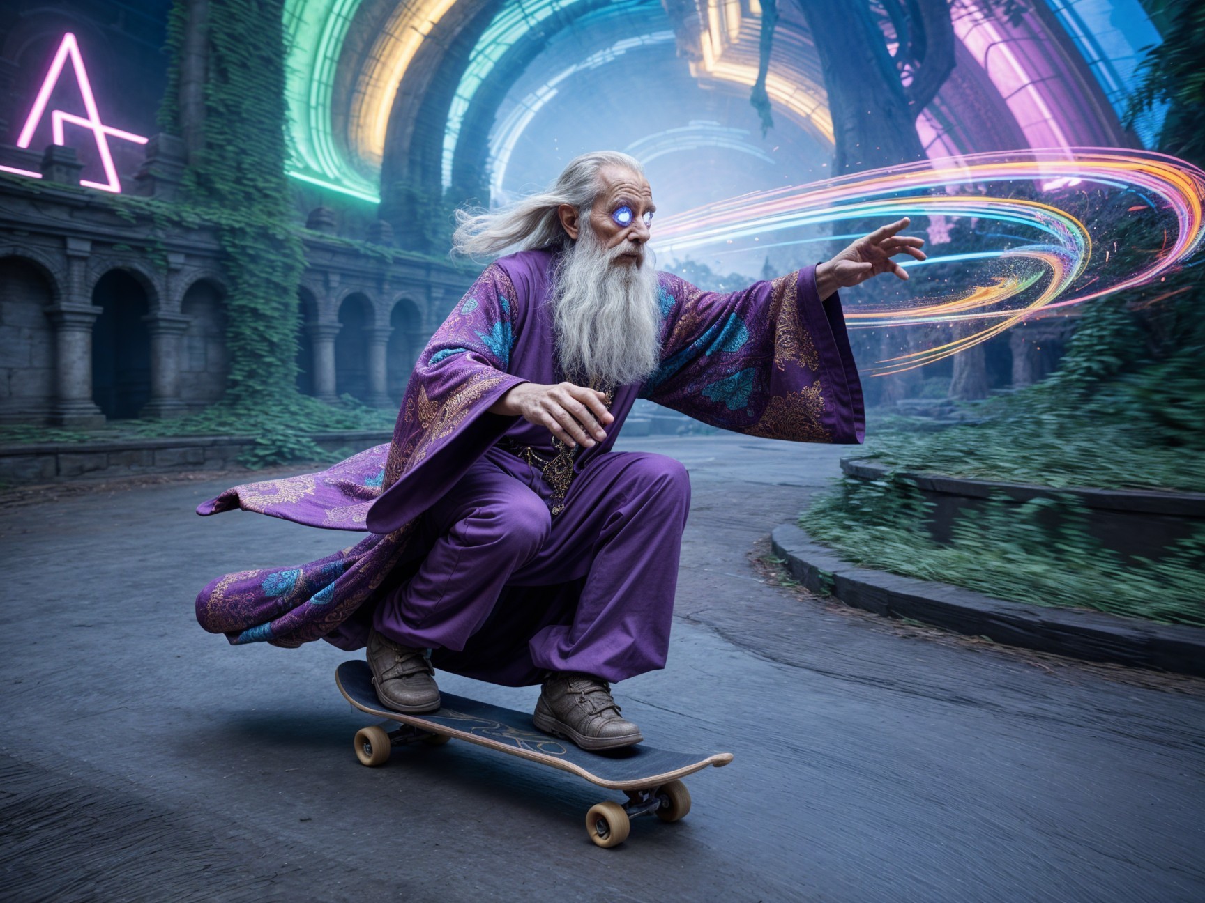 Wizard Skating on a Skateboard in Enchanted Ruins