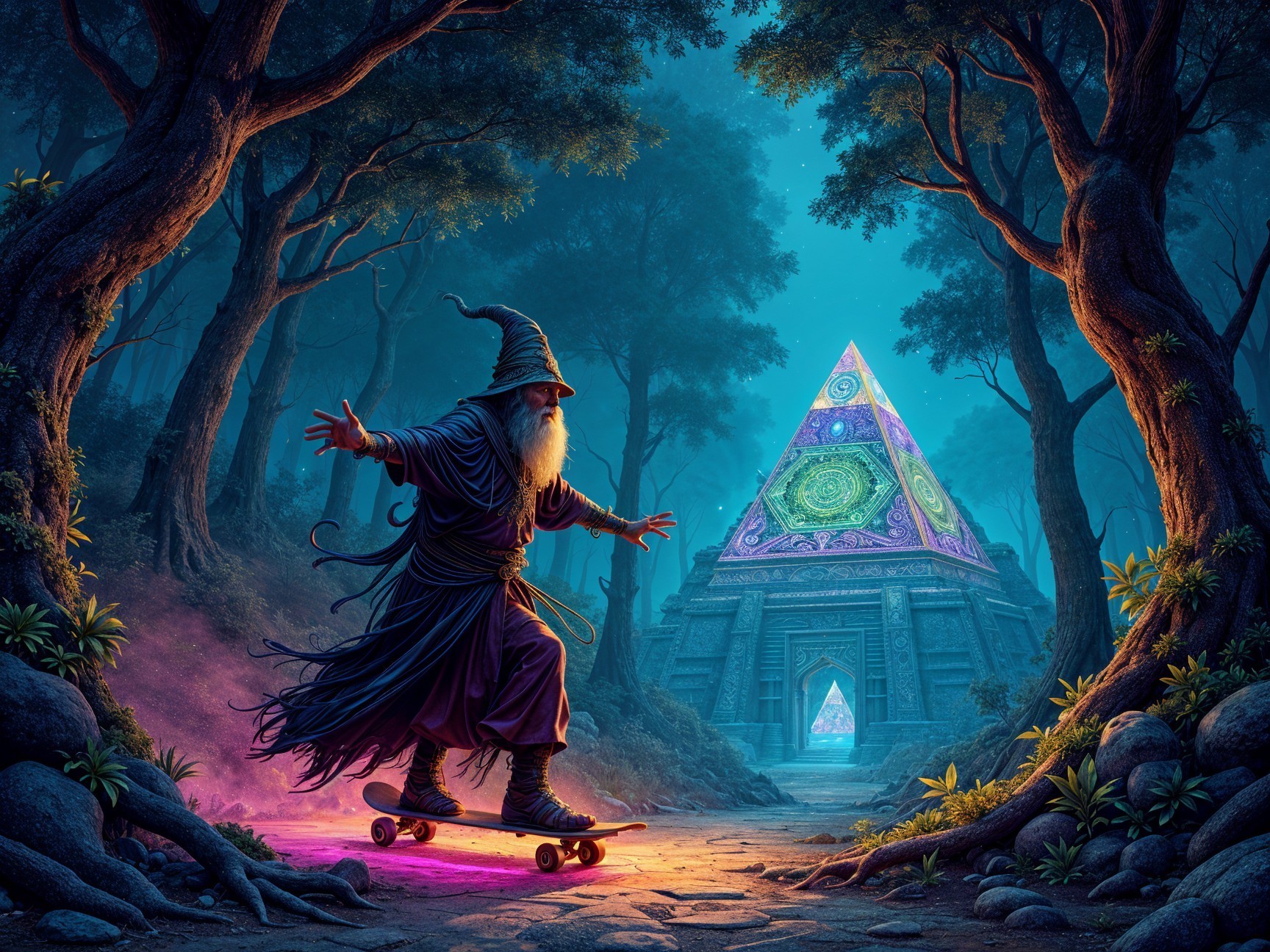 Mystical Wizard Skateboarding in Enchanting Forest