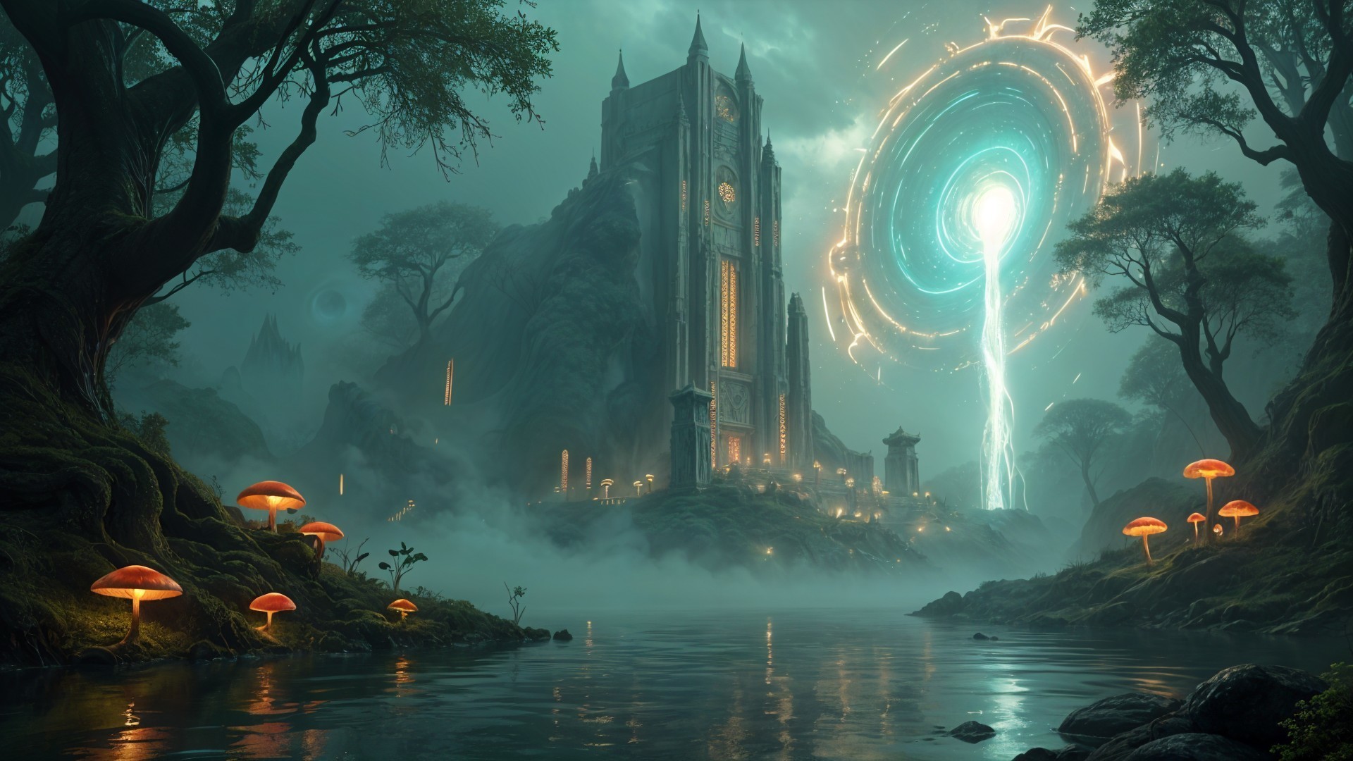 Mystical landscape with ancient castle and glowing mushrooms