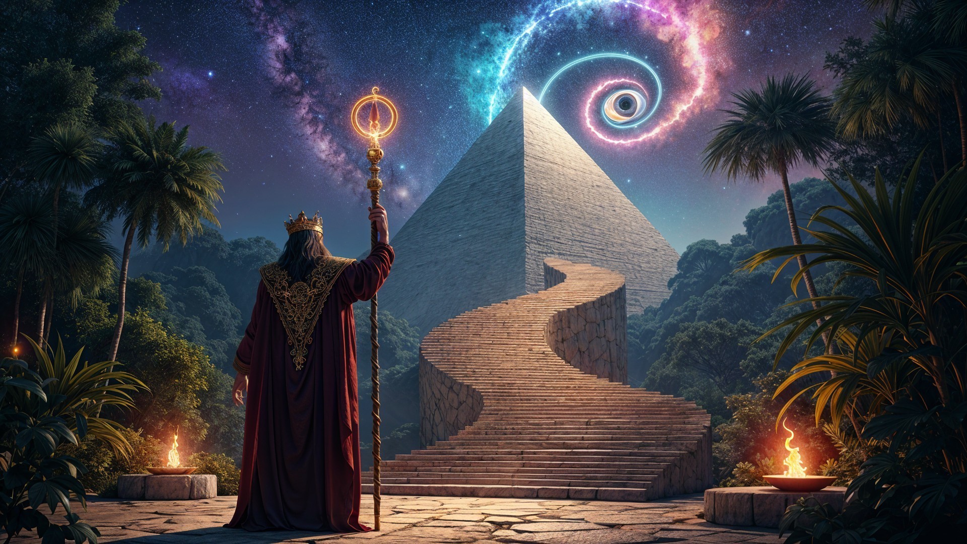 Majestic figure with staff near illuminated pyramid