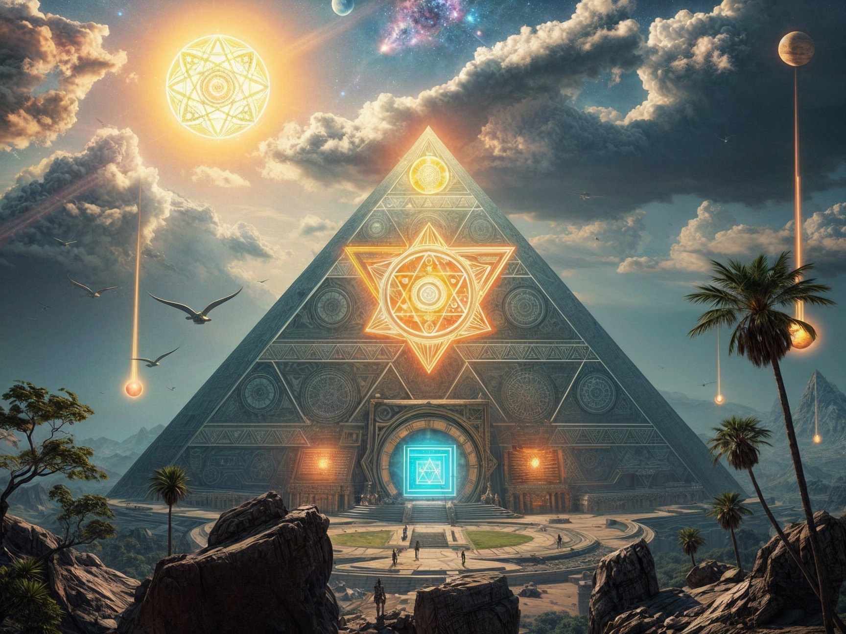 Majestic pyramid under cosmic sky with vibrant symbols
