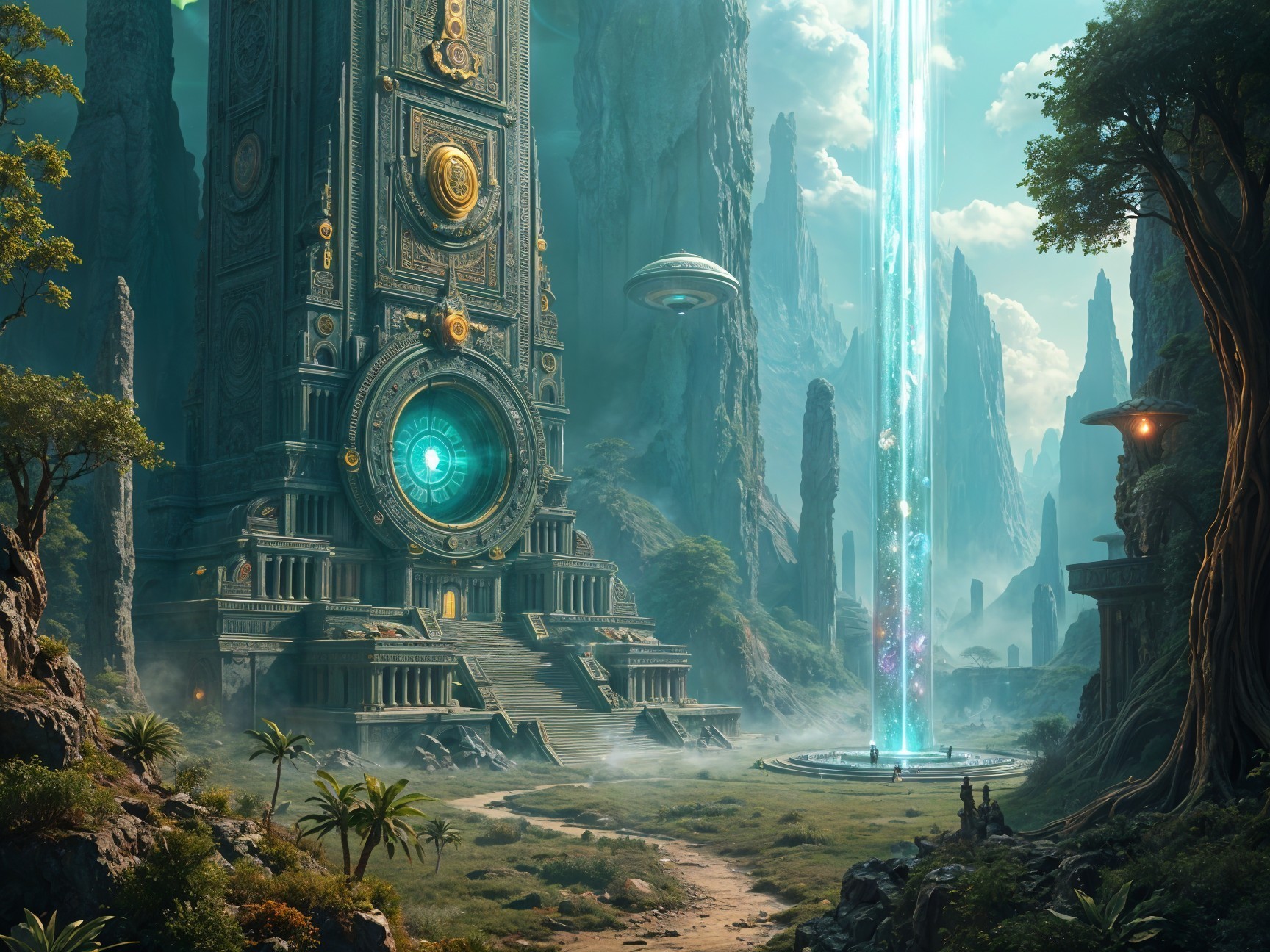Ancient Structure with Blue Portal Amidst Cliffs and Nature