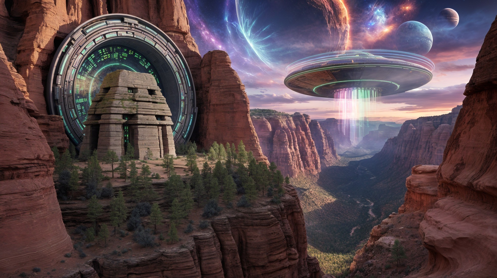 Futuristic Temple in Alien Canyon with UFO and Galaxies