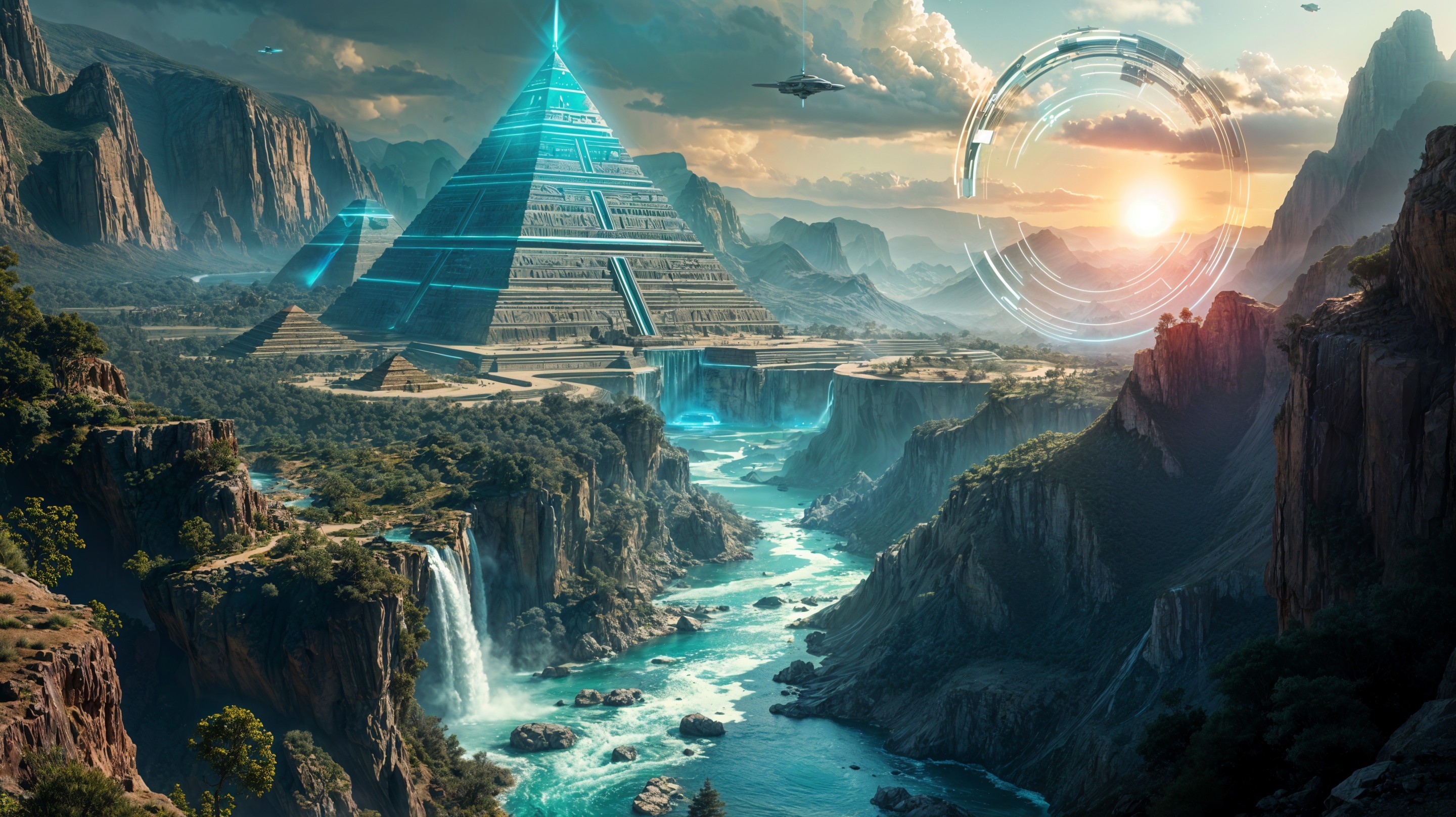 Futuristic landscape with glowing pyramids and waterfalls