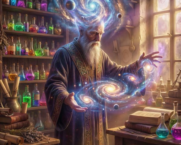 Full-body portrait of a wizard in a laboratory setting