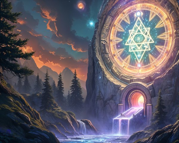 Mystical Landscape with Majestic Portal and Waterfall