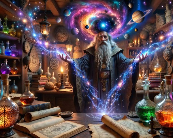 Old wizard in alchemist's workshop with cosmic backdrop