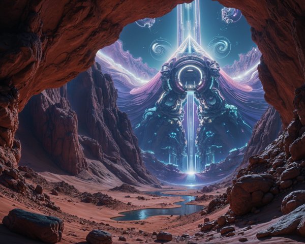 Futuristic structure in a neon-lit alien landscape
