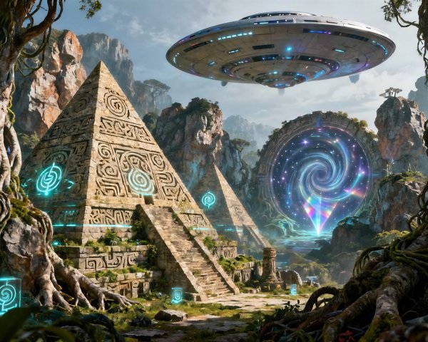 Mysterious Landscape with Ancient Pyramids and UFO