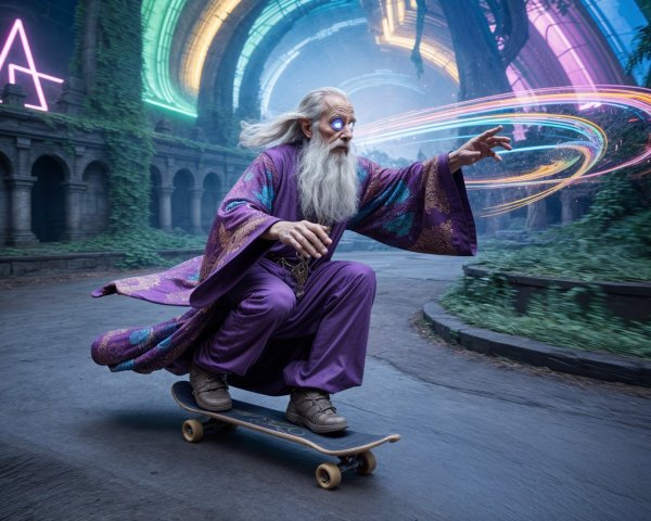 Wizard Skating on a Skateboard in Enchanted Ruins