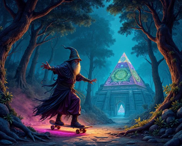 Mystical Wizard Skateboarding in Enchanting Forest