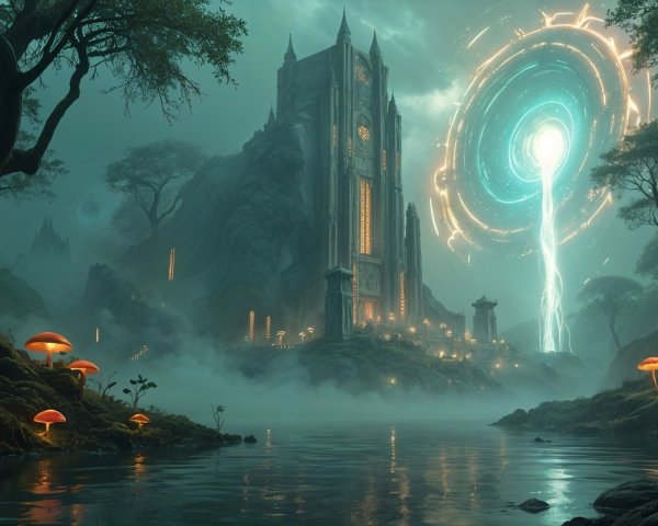 Mystical landscape with ancient castle and glowing mushrooms