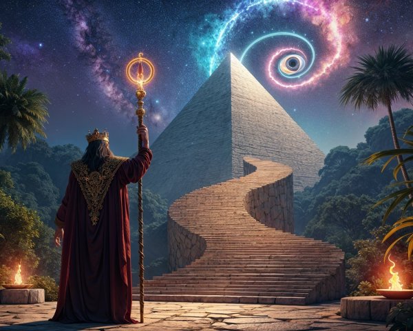 Majestic figure with staff near illuminated pyramid