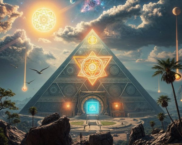 Majestic pyramid under cosmic sky with vibrant symbols
