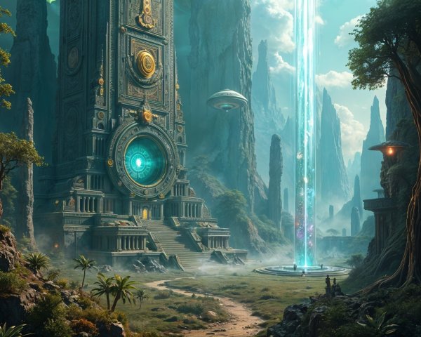 Ancient Structure with Blue Portal Amidst Cliffs and Nature