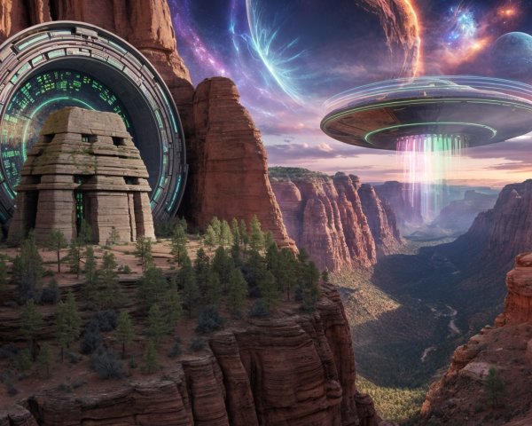 Futuristic Temple in Alien Canyon with UFO and Galaxies