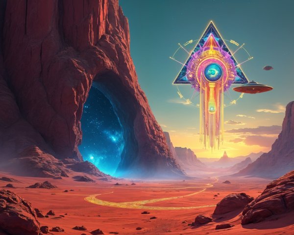 Surreal Landscape with Red Rocks and Cosmic Cave